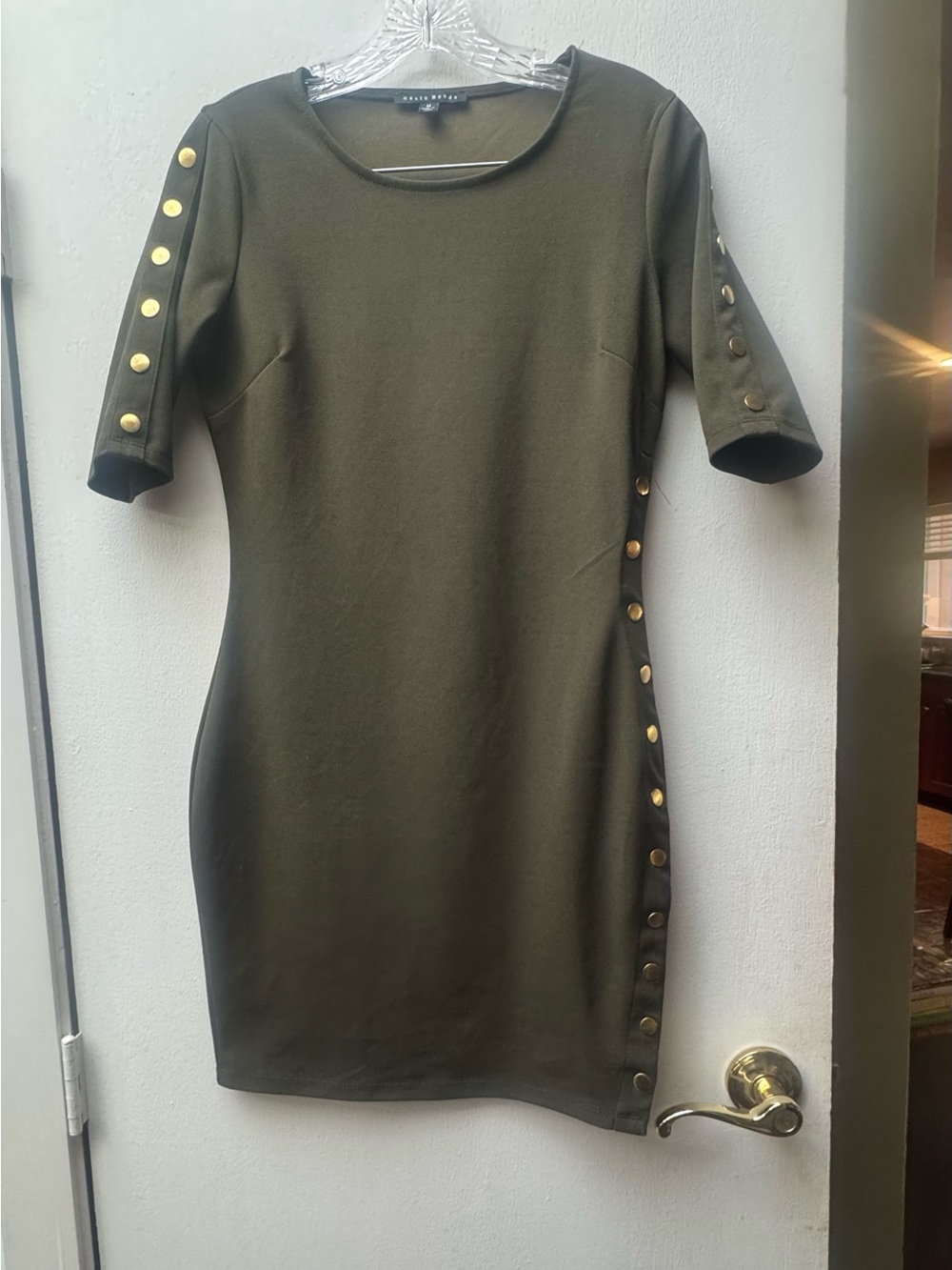 Haute Monde Olive Green Mini Dress with Gold Button Trim